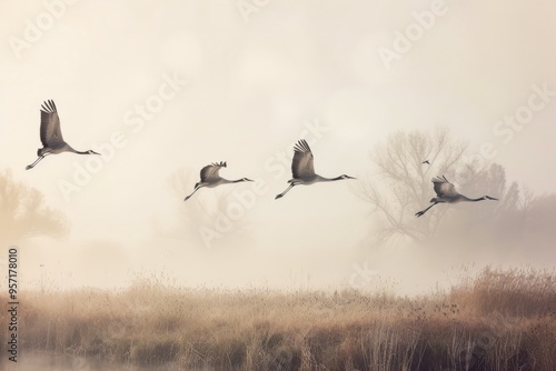 A flock of cranes flies gracefully over a foggy marsh at dawn, creating a serene and ethereal scene.