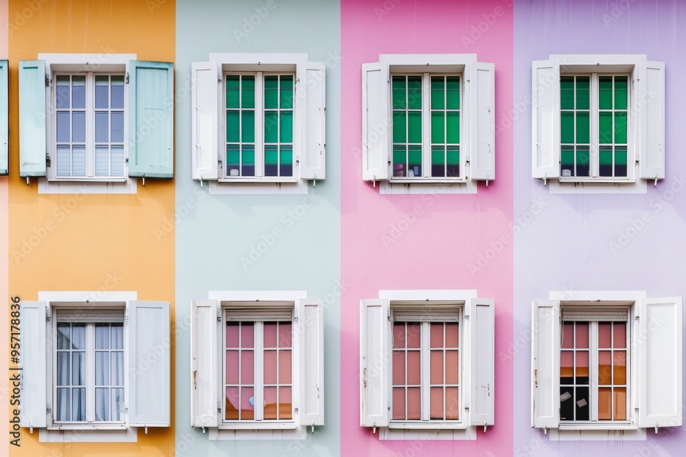 Colorful Pastel Facade with Symmetrical Windows in Abstract Style, High Definition Long Exposure , Vibrant Urban Architecture, Daytime, Smooth Movements, Wide-Angle Perspective Colorful Pastel Facade with Symmetrical Windows in Abstract Style, High Definition Long Exposure , Vibrant Urban Architecture, Daytime, Smooth Movements, Wide-Angle Perspective