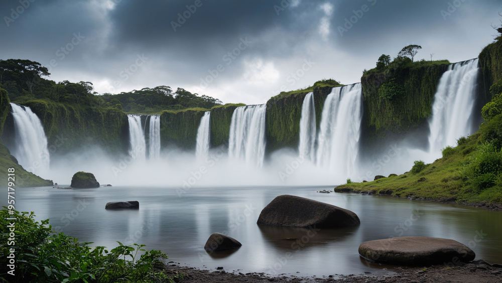 Fototapeta premium Majestic Waterfalls Cascading into a Misty Pool, nature, waterfall, majestic, pool, cascading, misty