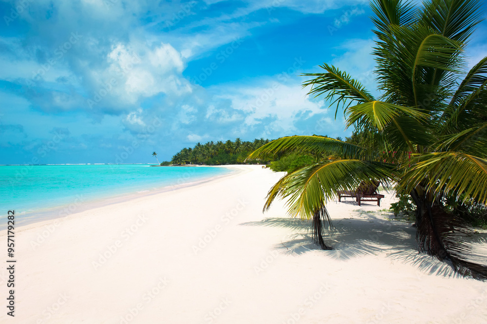 Fototapeta premium A deserted sandy beach on the Indian Ocean. Sunny day on the coast of the Maldives island