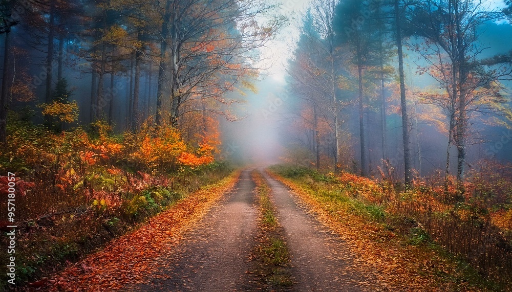 Obraz premium Sendero rústico en medio de un bosque profundo de otoño