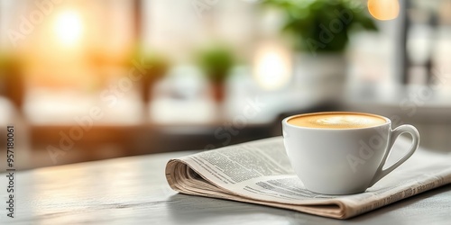 Close-up of a stylish coffee cup with a newspaper, representing the classic morning routine, Daily comfort, Morning news