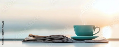 Elegant morning scene with a turquoise coffee cup and daily newspaper, highlighting the comfort of morning routines, Relaxation, Daily news