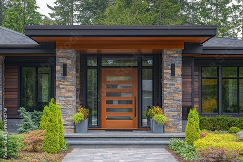 Modern House Entrance with Wooden Door and Stone Columns