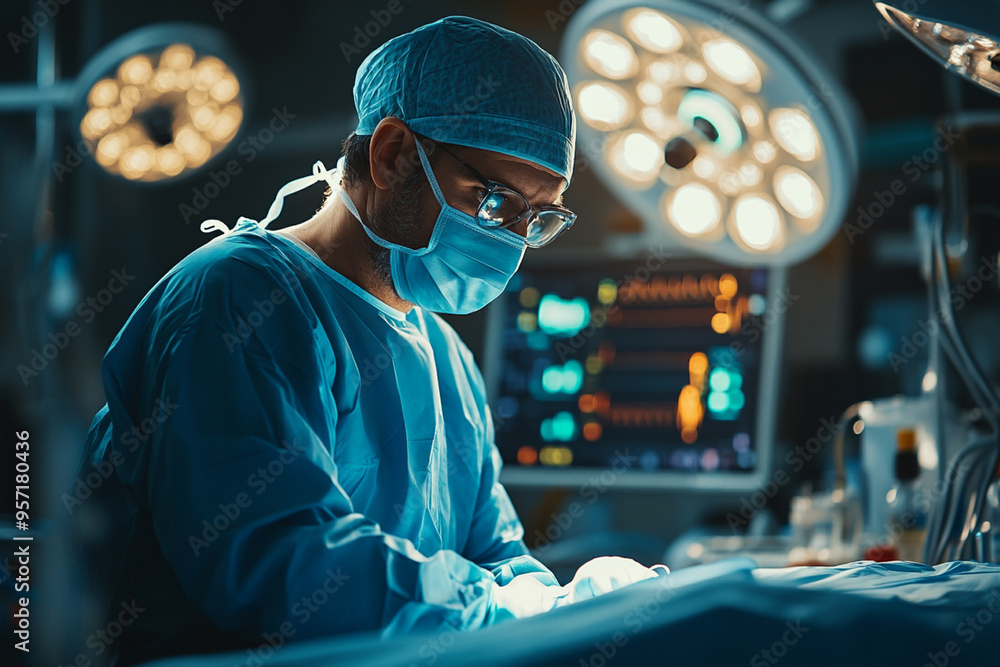 Doctor in Scrubs Reviewing Monitor During Surgery in Hospital Operating Room, Ideal for Medical Science and Surgical Procedures Doctor in Scrubs Reviewing Monitor During Surgery in Hospital Operating Room, Ideal for Medical Science and Surgical Procedures