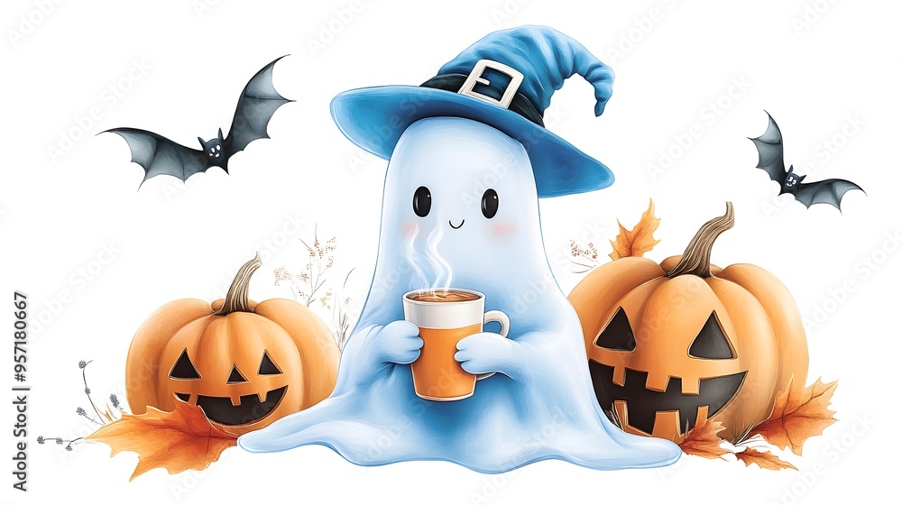 Cheerful ghost holding a hot chocolate mug, sitting between two pumpkins with bats flying above Cheerful ghost holding a hot chocolate mug, sitting between two pumpkins with bats flying above
