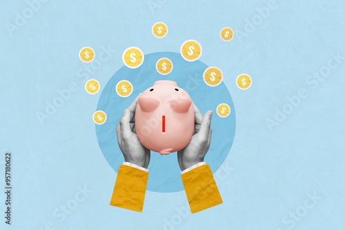 Creative art collage of hand holding piggy bank with coin. Concept for invest and saving success in the future goal. top view
