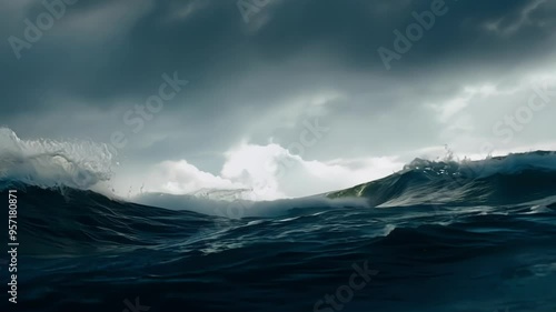 Dark blue ocean waves are crashing and churning under a stormy sky, creating a dramatic and ominous scene. The image evokes feelings of power, danger, and the awe inspiring forces of nature
