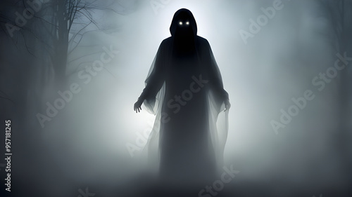 Haunted Forest: A Spooky Encounter, Ghostly Figure in the Fog. photo