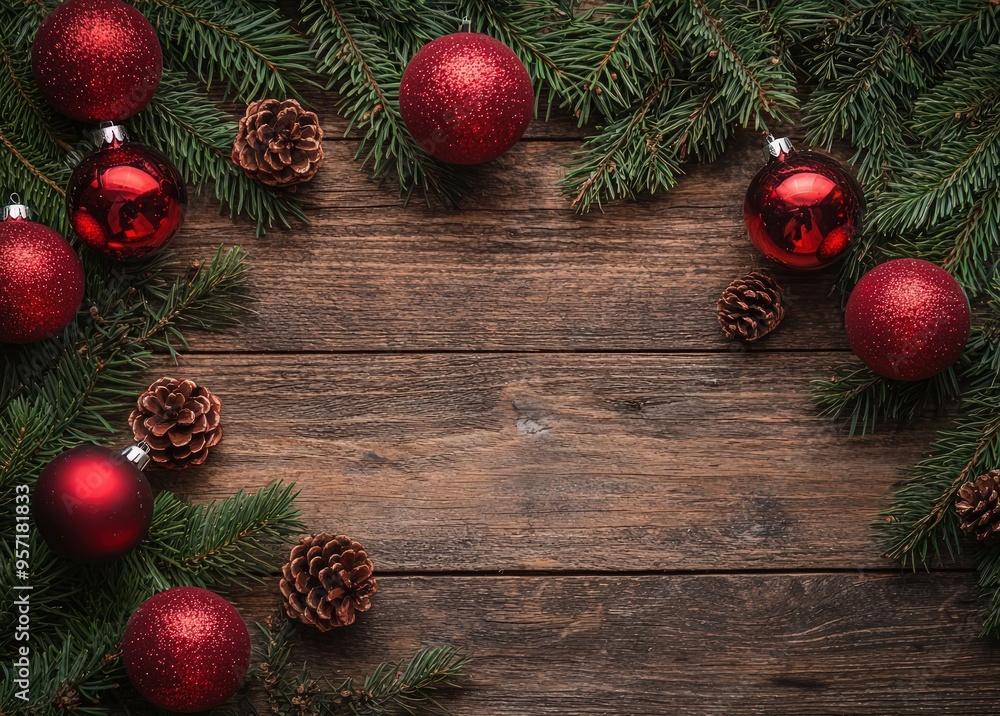 Detailed flat lay of a Christmas arrangement with red ornaments on a wooden table backdrop. Detailed flat lay of a Christmas arrangement with red ornaments on a wooden table backdrop.