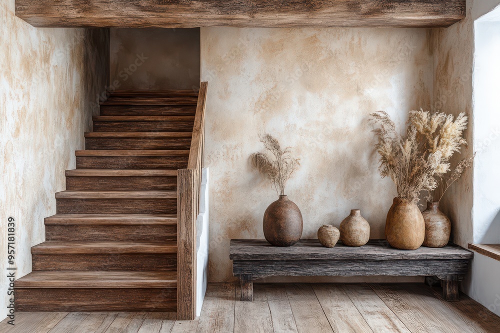 Rustic Interior with Wooden Staircase and Natural Decor Rustic Interior with Wooden Staircase and Natural Decor