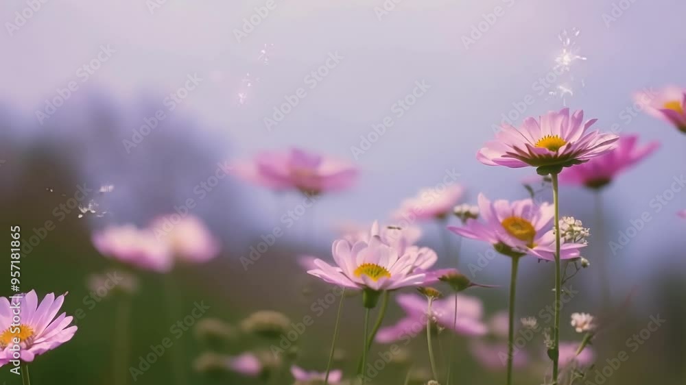 Beautiful pink cosmos flowers are blooming in a summer meadow, small particles are floating in the air creating a magical fantasy atmosphere Beautiful pink cosmos flowers are blooming in a summer meadow, small particles are floating in the air creating a magical fantasy atmosphere