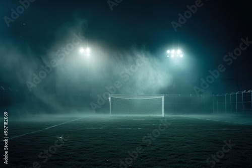 A foggy soccer field under bright stadiium lights emits an eerie, almost cinematic atmosphere, capturing a moment of stillness before the action. photo