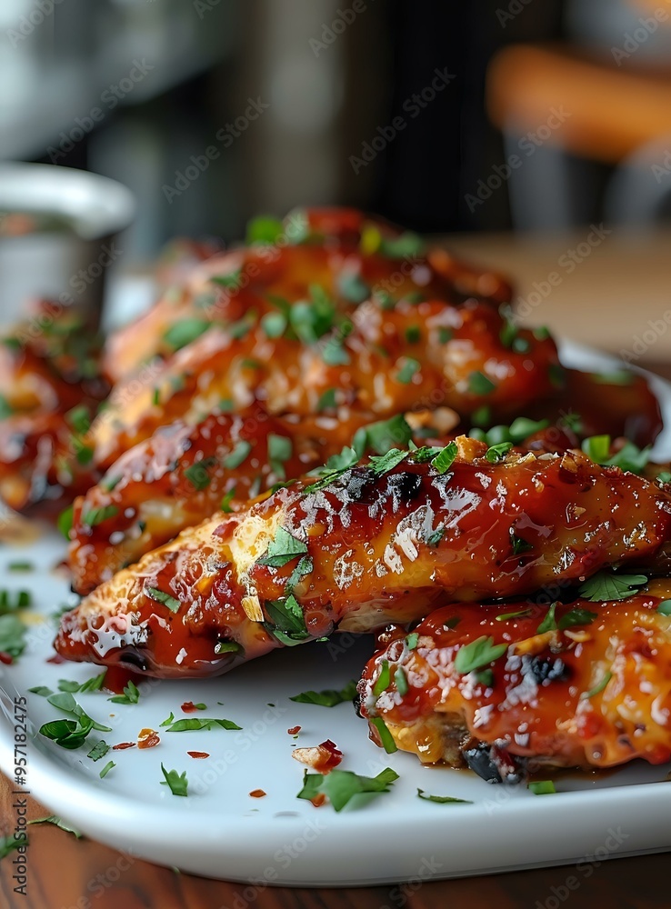 Grilled chicken wings with spicy honey glaze and fresh herbs served on white plate, perfect for restaurant menu, food photography or cooking blog post. Grilled chicken wings with spicy honey glaze and fresh herbs served on white plate, perfect for restaurant menu, food photography or cooking blog post.
