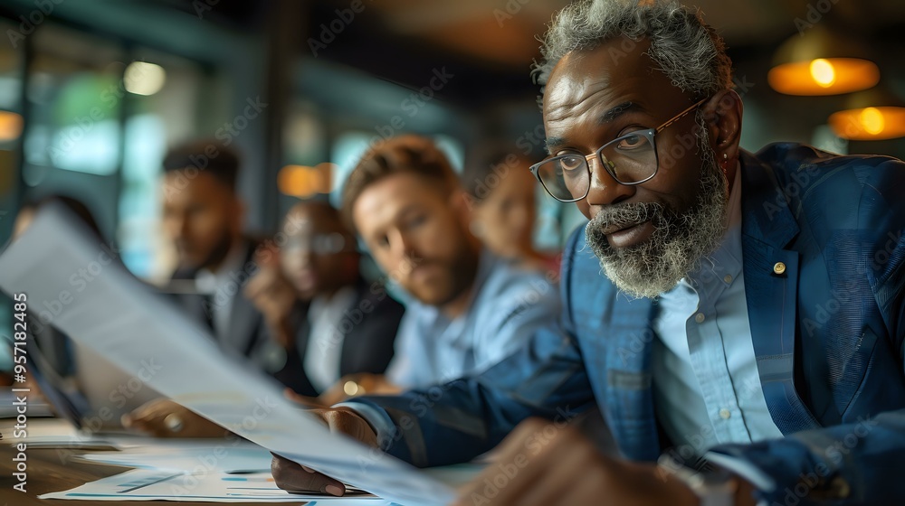 Diverse business team collaborating on project documents in modern office setting. Senior African American executive leads meeting with colleagues reviewing paperwork in warm ambient lighting.