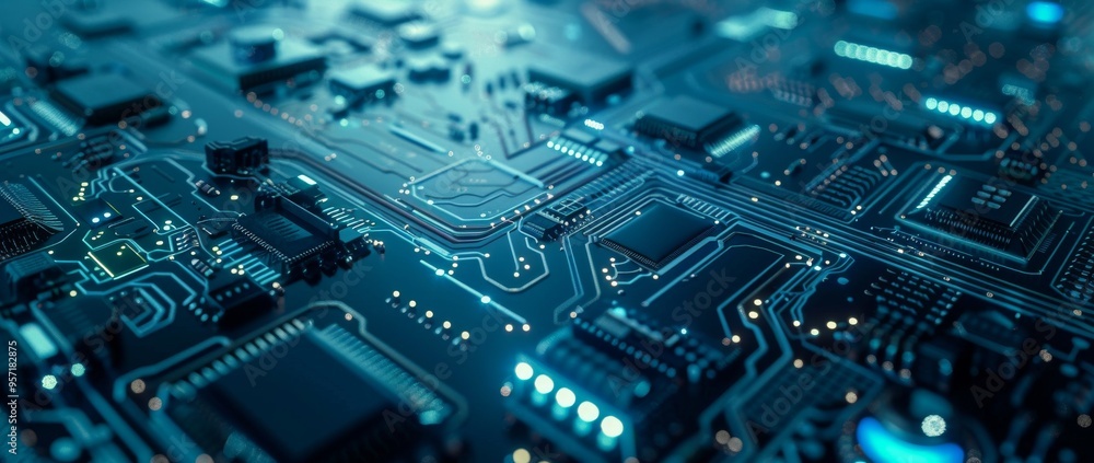 A close-up shot of an advanced micro civilization's circuit board, showcasing the intricate design and technology. The focus is on its sleek lines and dark blue color theme with subtle teal highlights A close-up shot of an advanced micro civilization's circuit board, showcasing the intricate design and technology. The focus is on its sleek lines and dark blue color theme with subtle teal highlights