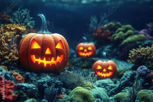 A vibrant underwater scene featuring glowing Halloween pumpkins surrounded by colorful coral reefs, capturing the festive spirit.