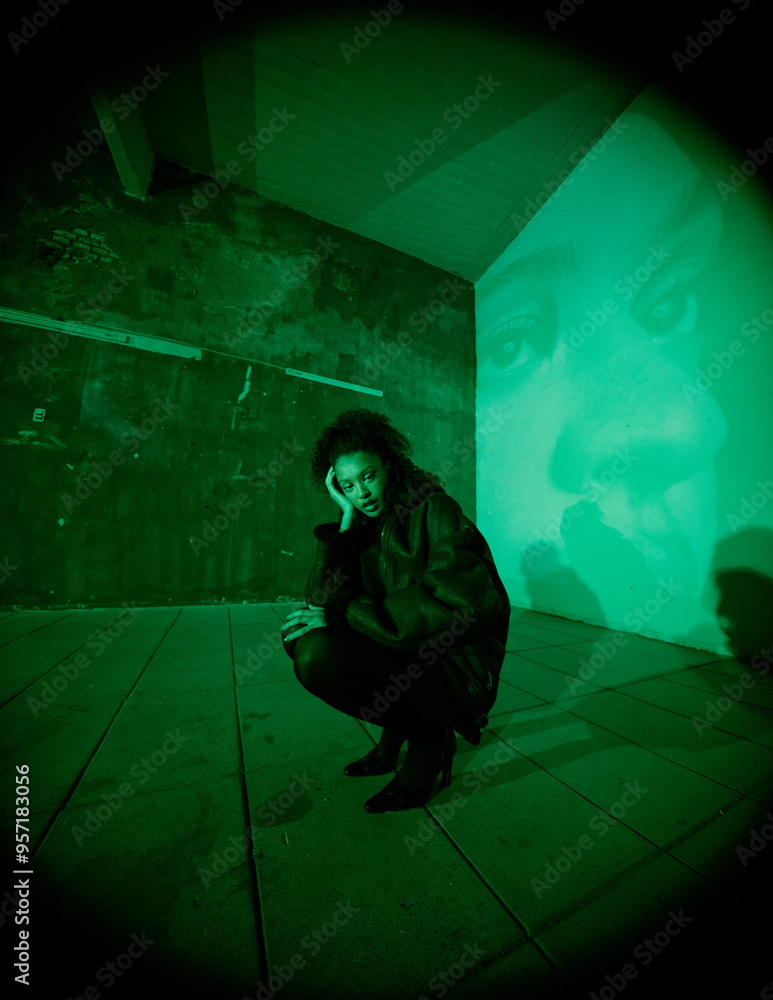 Fashion Woman With Green Light Sitting Fashion Woman With Green Light Sitting