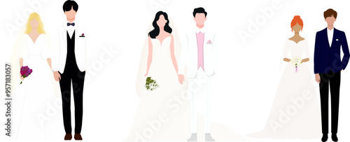 Set of married couple. Collection of cute bride and groom characters in wedding dresses, suits. Design for greeting and invitation card.  Marriage people vector illustration