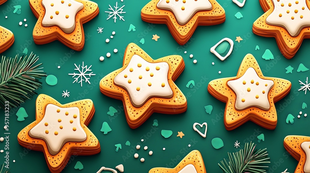 Star-shaped cookies with white frosting and various decorative elements on a green background, including snowflakes, small decorations, and pine branches. Star-shaped cookies with white frosting and various decorative elements on a green background, including snowflakes, small decorations, and pine branches.