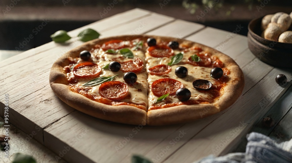 Delicious, juicy pizza on a wooden table. Ai illustration. Delicious, juicy pizza on a wooden table. Ai illustration.