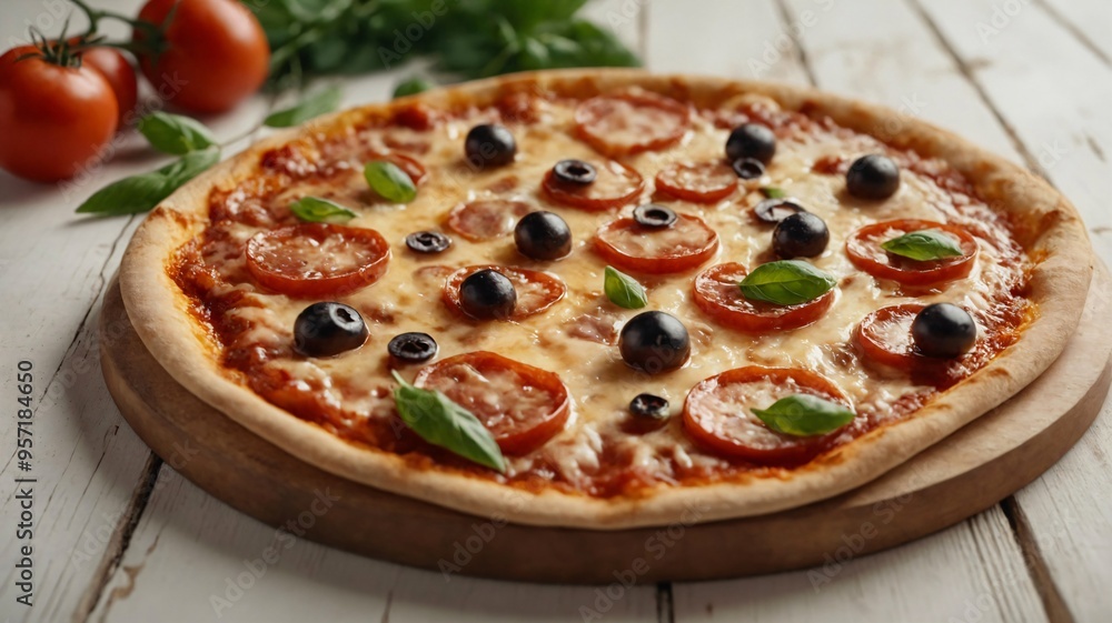 Delicious, juicy pizza on a wooden table. Ai illustration. Delicious, juicy pizza on a wooden table. Ai illustration.