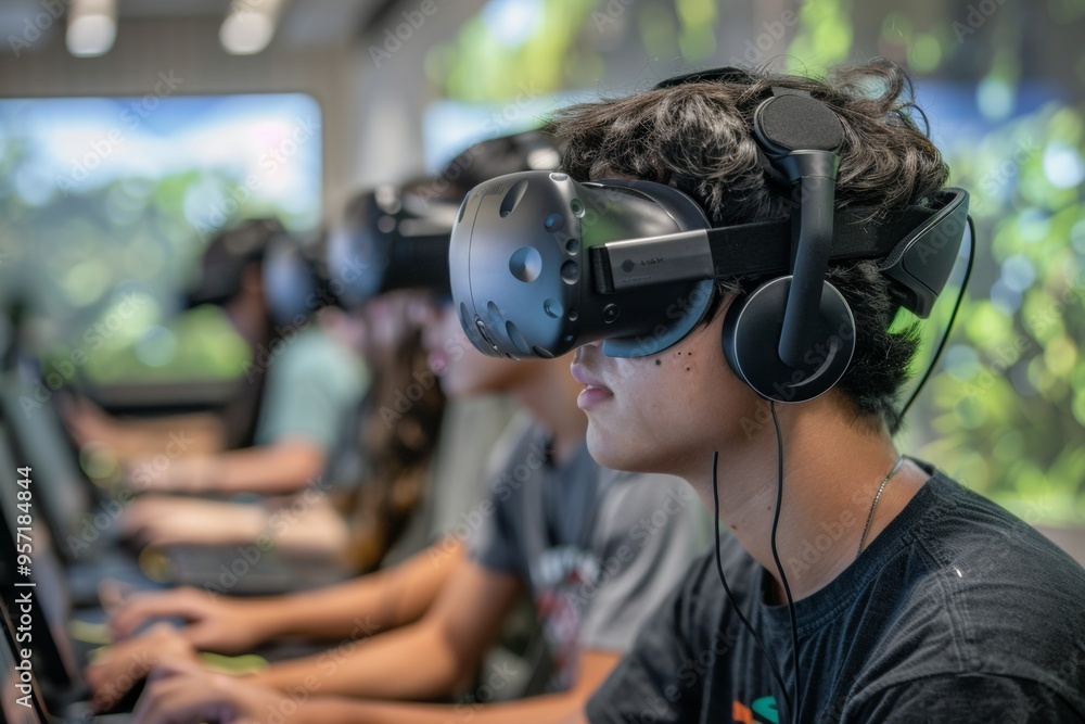 Diverse High School Students Using Virtual Reality Headsets in a Futuristic Classroom, Engaged with Digital Simulations in the Morning Diverse High School Students Using Virtual Reality Headsets in a Futuristic Classroom, Engaged with Digital Simulations in the Morning