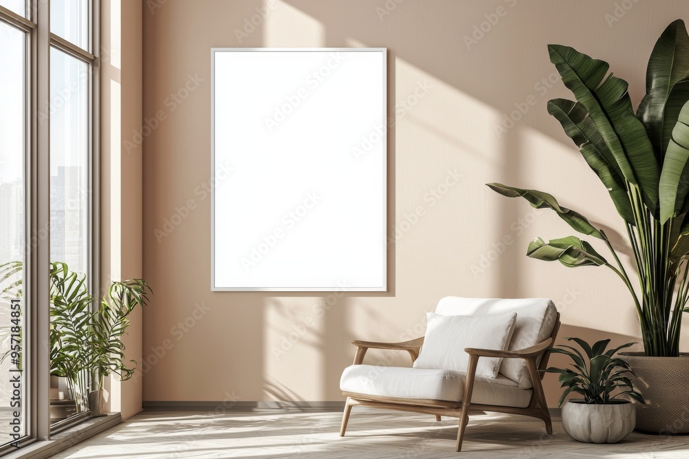 Poster Frame in Beige minimalist living room interior created with generative AI Poster Frame in Beige minimalist living room interior created with generative AI