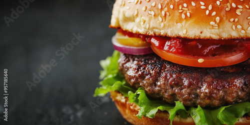 Close-up of an assembled burger with visible fillings