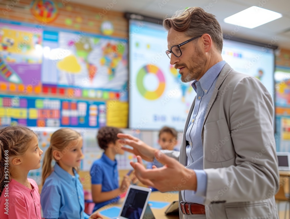 Obraz premium Male Teacher Engaging with Young Students on Interactive Whiteboard in Modern Classroom, Daytime, Bright, Collaborative Learning with Digital Devices