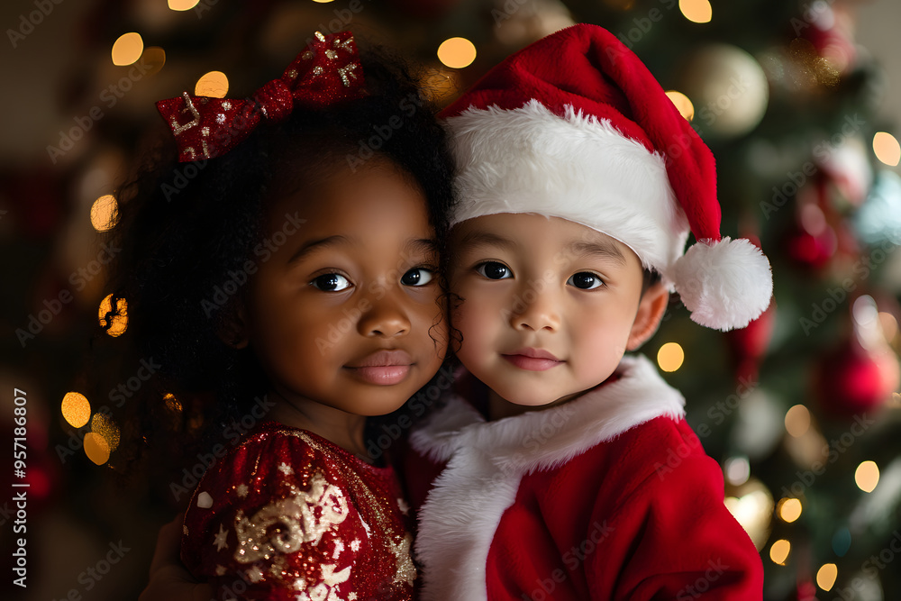 A little girl stands next to an Asian boy dressed in Christmas clothes. Christmas concept.