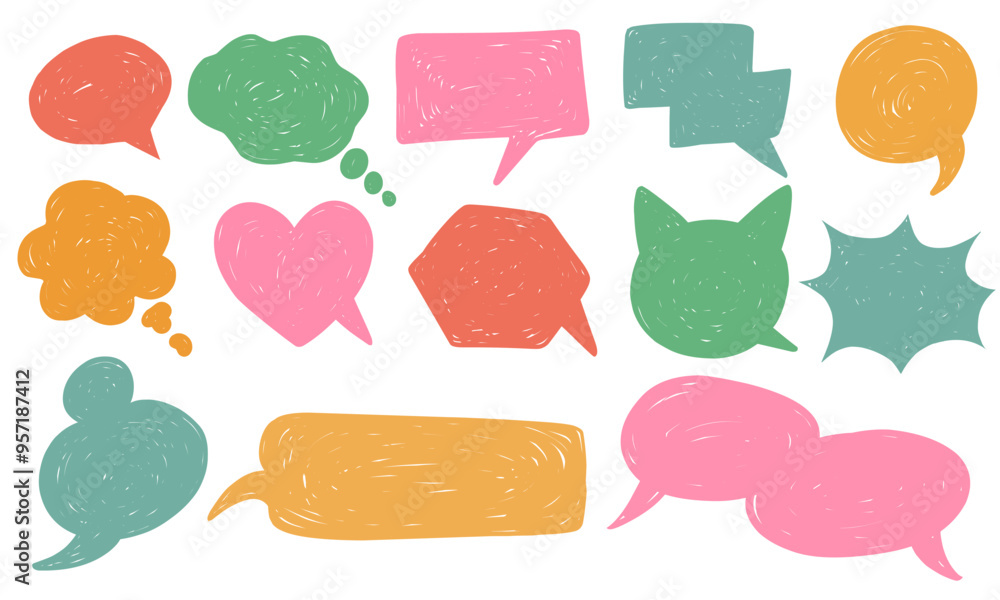 Scribble Hand drawn crayon talk speech balloon groovy frame doodle vector. Chalk doodle speech cloud bubble set. Chalk texture sketch text talk cloud balloon frame background. Vector illustration. Scribble Hand drawn crayon talk speech balloon groovy frame doodle vector. Chalk doodle speech cloud bubble set. Chalk texture sketch text talk cloud balloon frame background. Vector illustration.