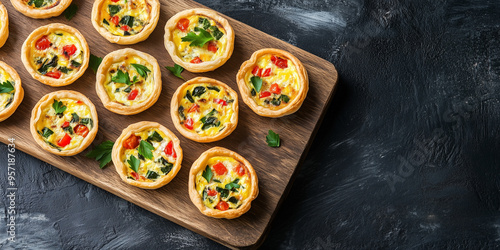 Mini quiches laid out evenly on a rectangular board photo