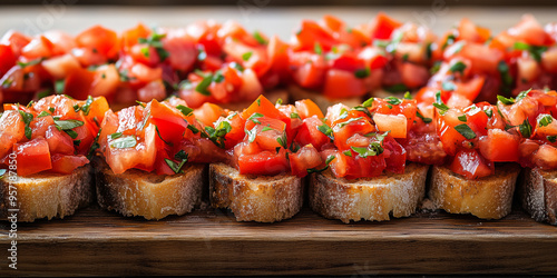 Tomato bruschetta lined up on a rectangular tray in neat rows