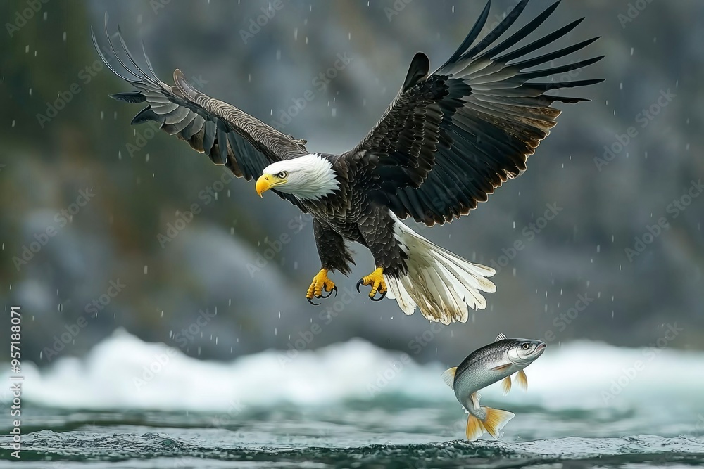 Fototapeta premium Bald Eagle Soaring Above a Leaping Salmon in a Rainy Setting