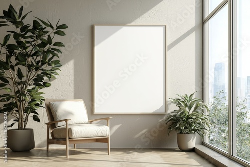 Poster Frame in Beige minimalist living room interior created with generative AI