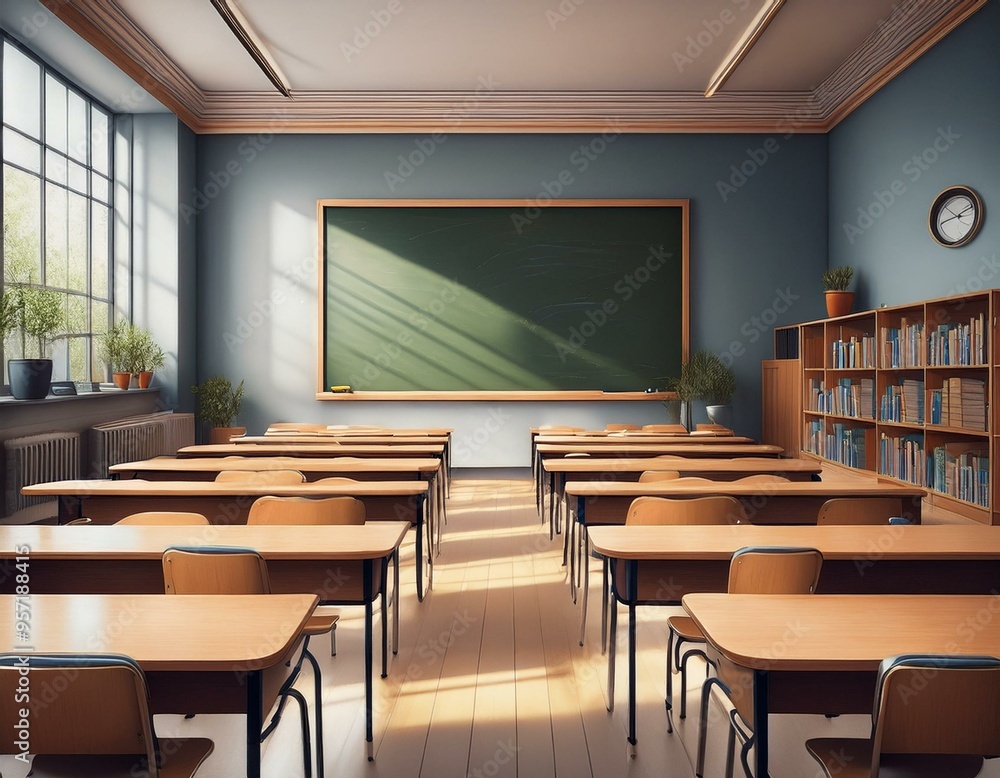 Modern Classroom Interior with Empty Desks and Blackboard. 3D Rendering Modern Classroom Interior with Empty Desks and Blackboard. 3D Rendering