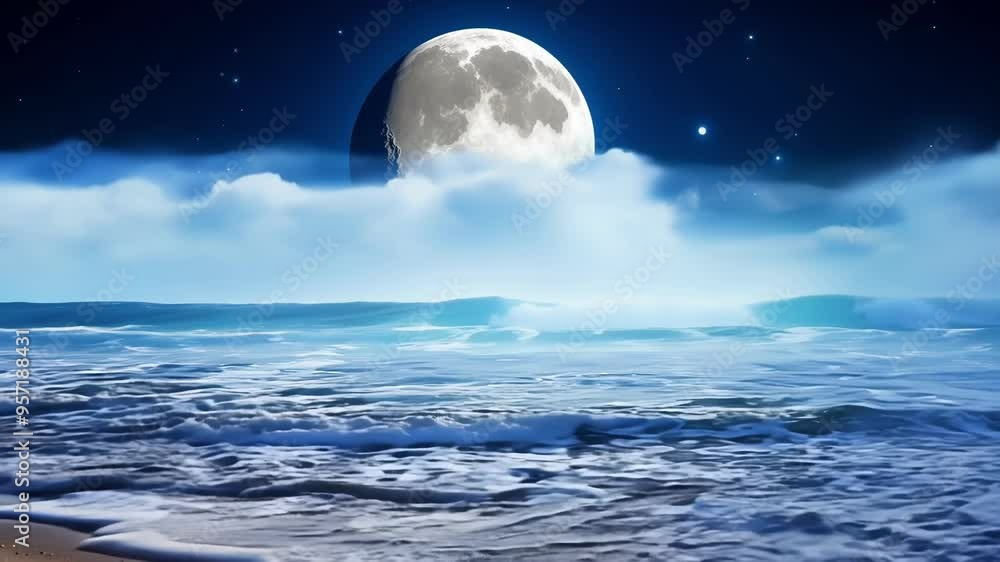 Big bright moon shining over a dark blue ocean with waves crashing on the shore and clouds in the sky, creating a fantasy landscape Big bright moon shining over a dark blue ocean with waves crashing on the shore and clouds in the sky, creating a fantasy landscape