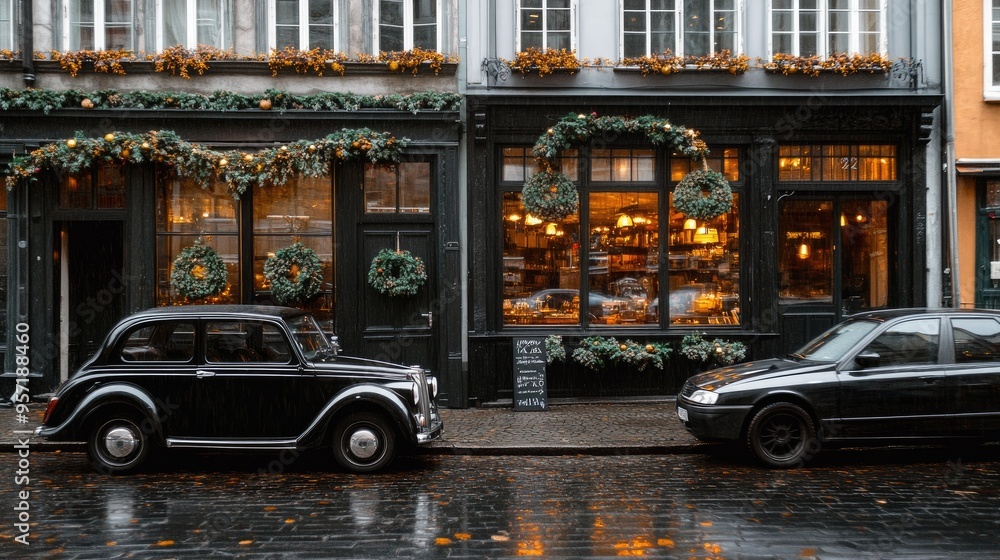 Fototapeta premium This striking luxury restaurant features a contemporary glass and black steel design, standing out against Copenhagen's historic architecture in the evening light