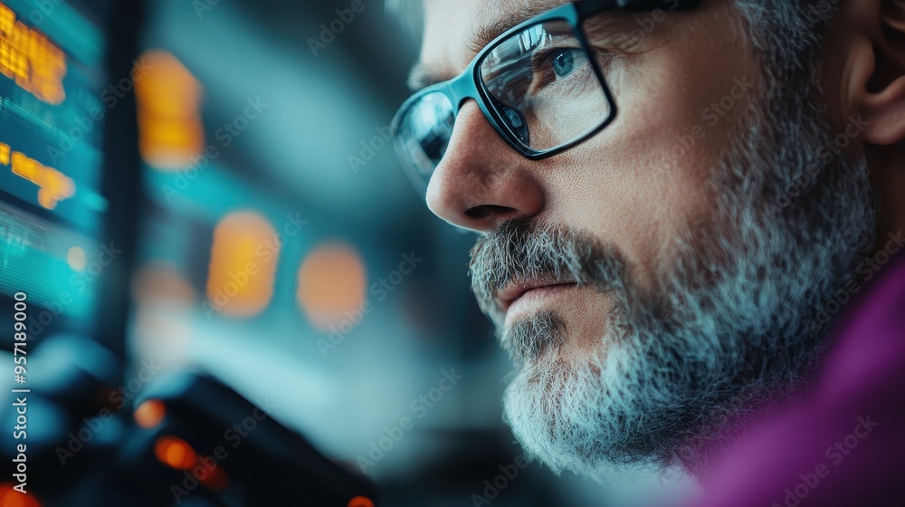 A person is depicted sitting at a control panel with various digital screens and buttons, conveying a high-tech, futuristic, or control room environment. A person is depicted sitting at a control panel with various digital screens and buttons, conveying a high-tech, futuristic, or control room environment.