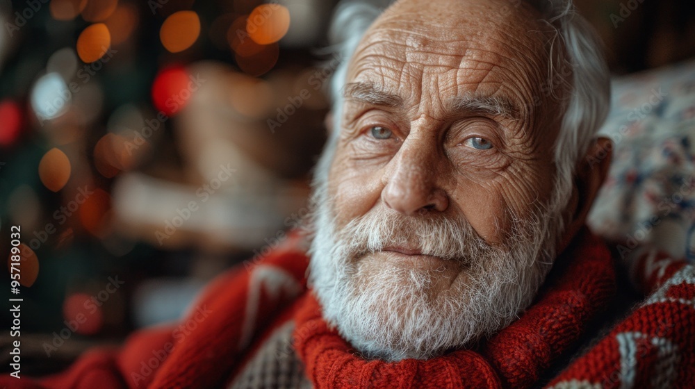 A man with a beard and white hair is sitting in a chair wearing a red sweater A man with a beard and white hair is sitting in a chair wearing a red sweater