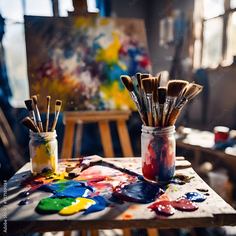 still life with paints and brushes still life with paints and brushes