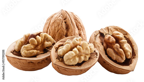 Walnuts, isolated on transparent background, PNG. Nut, healthy snack, brain food, organic, natural, crunchy, shelled, nutritious, brown, whole walnut