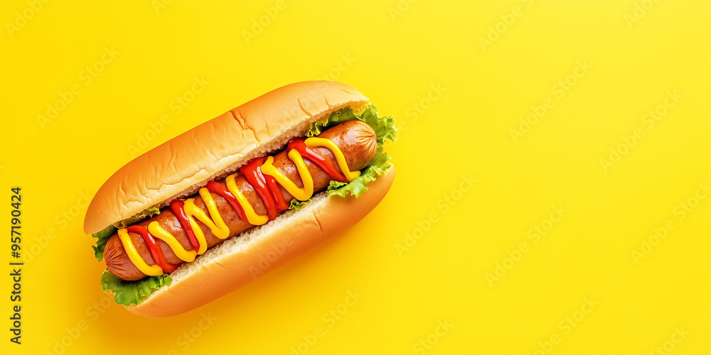 Veggie dog with a plant-based sausage topped with mustard and ketchup Veggie dog with a plant-based sausage topped with mustard and ketchup