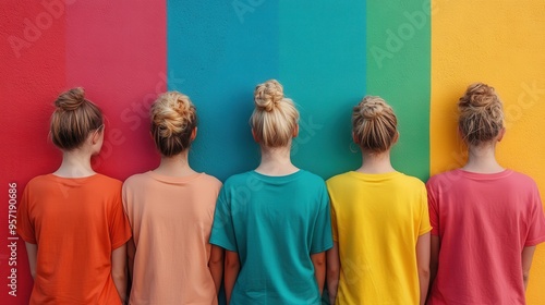 A group of five women with similar blonde hairstyles stand side by side against a bright and colorful rainbow-painted wall, showcasing diversity and unity.