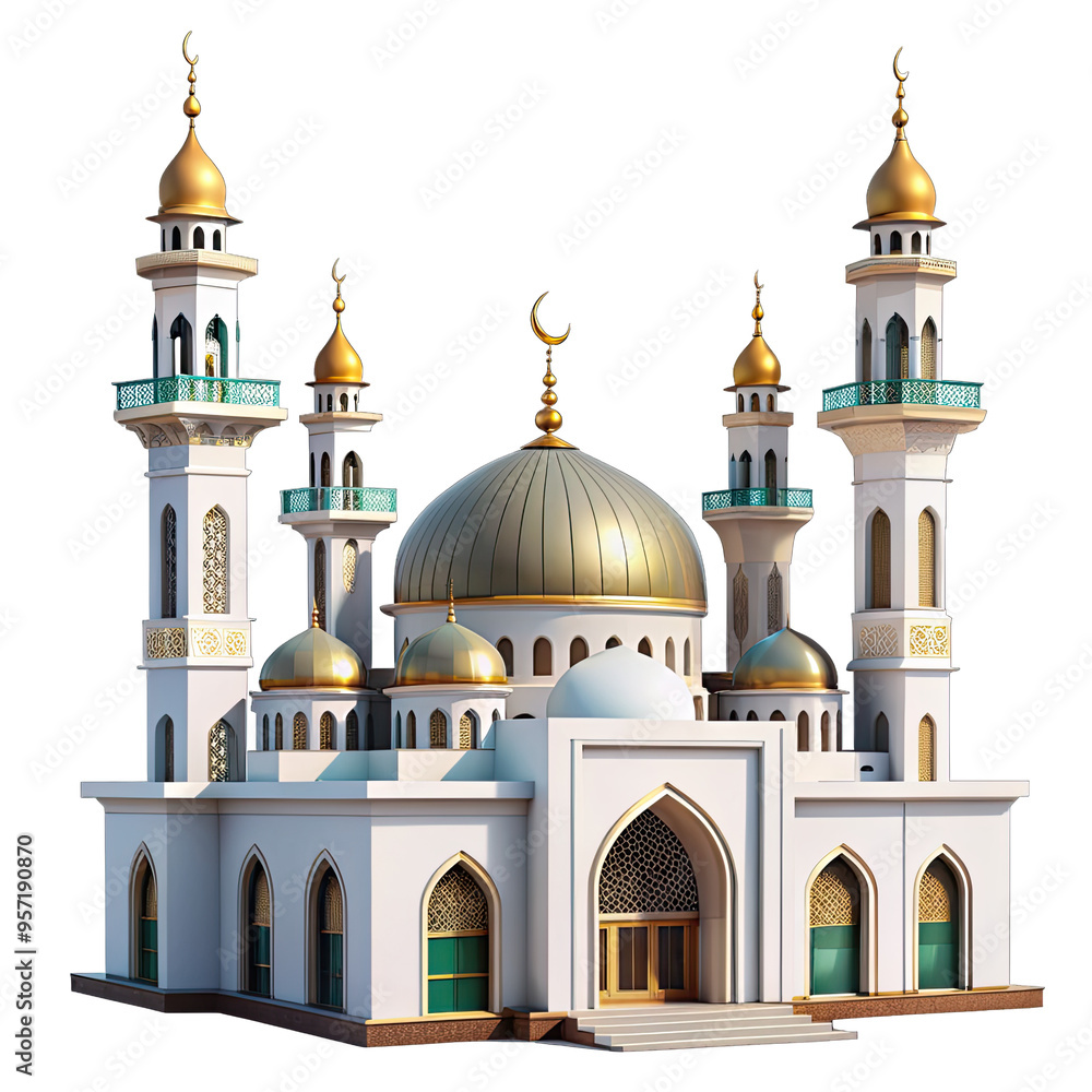 A white mosque with multiple golden domes and minarets, isolated on a white background A white mosque with multiple golden domes and minarets, isolated on a white background