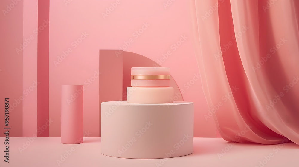 Shown on a podium is a makeup theme cream scent soap Shown on a podium is a makeup theme cream scent soap