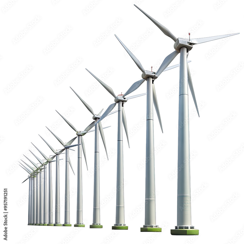 A line of wind turbines stand tall, their blades at rest, against a stark white backdrop. The turbines are evenly spaced, creating a sense of order and efficiency A line of wind turbines stand tall, their blades at rest, against a stark white backdrop. The turbines are evenly spaced, creating a sense of order and efficiency