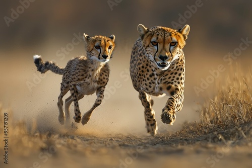 Cheetah Mother and Cub Running Through Dry Grass