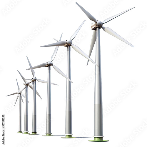 A row of five wind turbines stand tall against a white background, their blades frozen in mid-rotation, capturing the power of the wind to generate clean energy photo